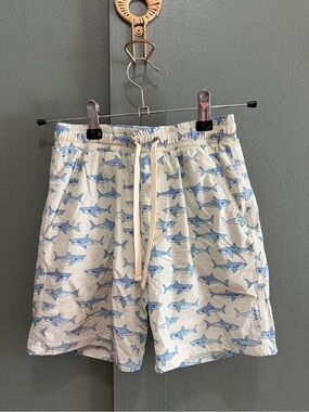SweetHoney Blue Shark Print Swim Trunks on Cream
